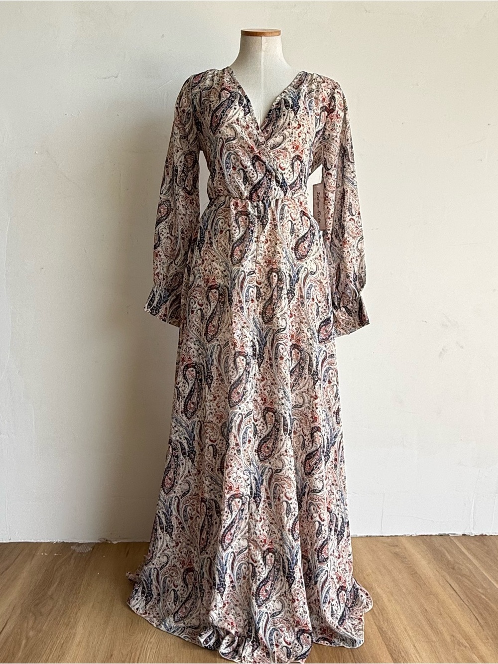Indigo Rose Paisley Wrap Maxi Dress medium red Navy long sleeves v neck bow nwt